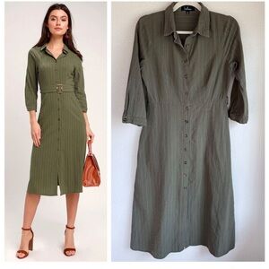 Lulus Believe in Yourself Olive Green Striped 3/4 Sleeve Midi Shirt Dress Size M